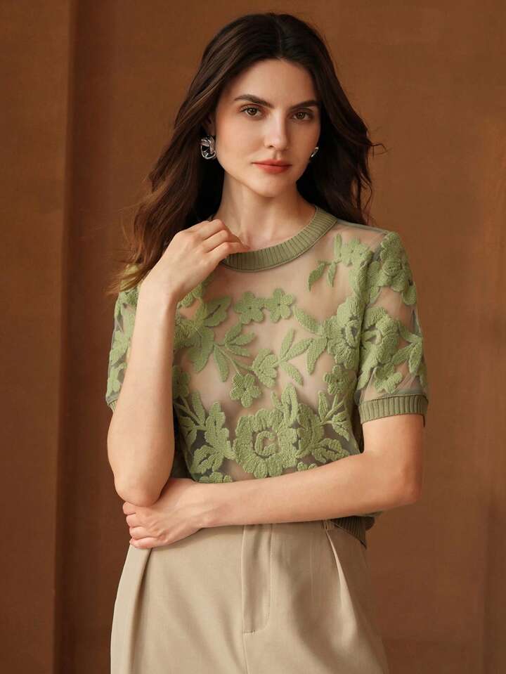 CM-TS717099 Women Casual Seoul Style Floral Mesh Round Neck Short Sleeve Knit Top - Army Green