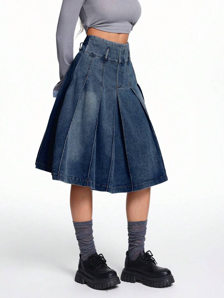 CM-BS434184 Women Casual Seoul Style Dark Wash Knee Length Denim A-Line Pleated Skirt