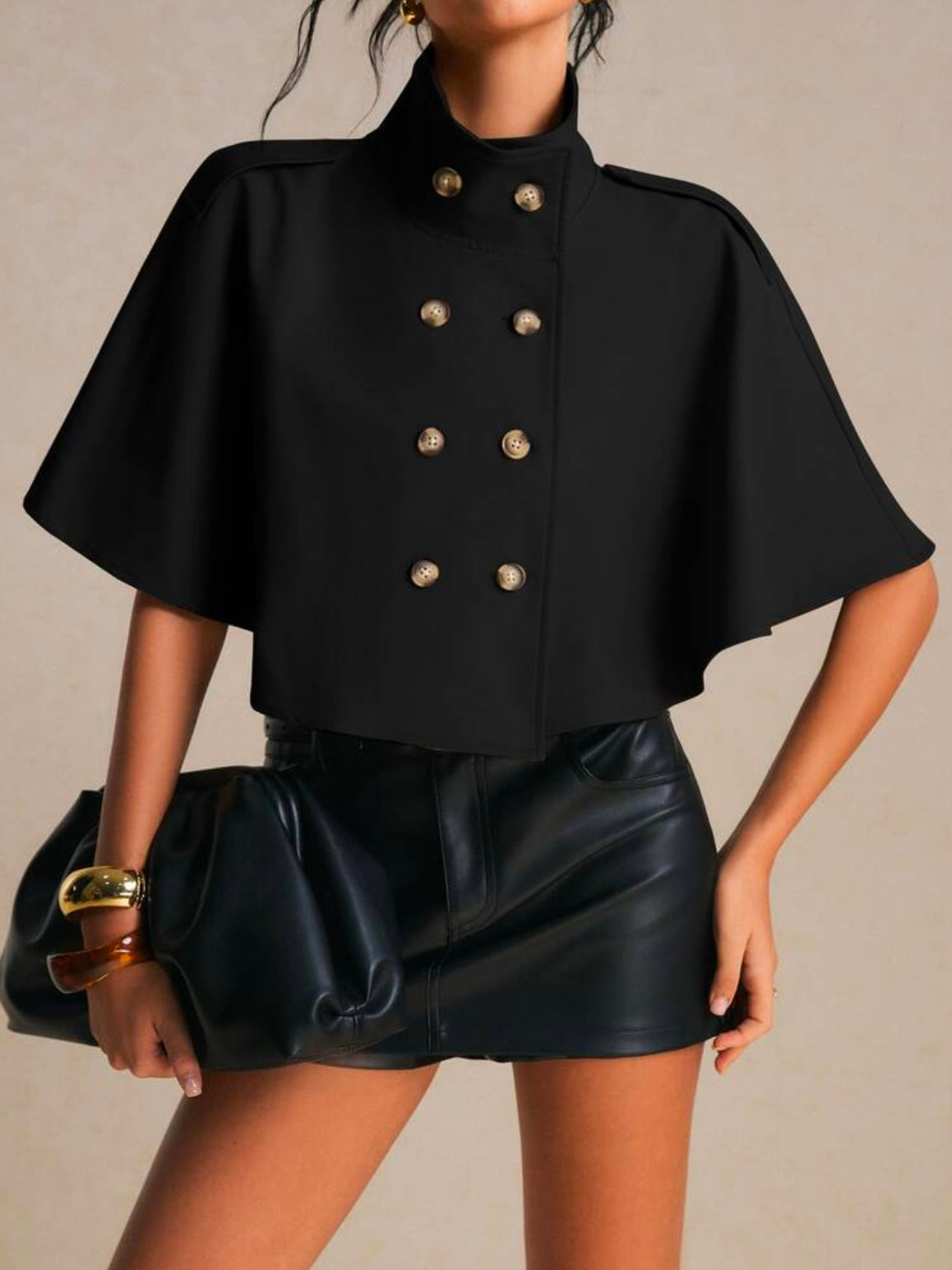 CM-CS774785 Women Elegant Seoul Style Short Sleeve Cropped Double Breasted Cape Trench Coat - Black