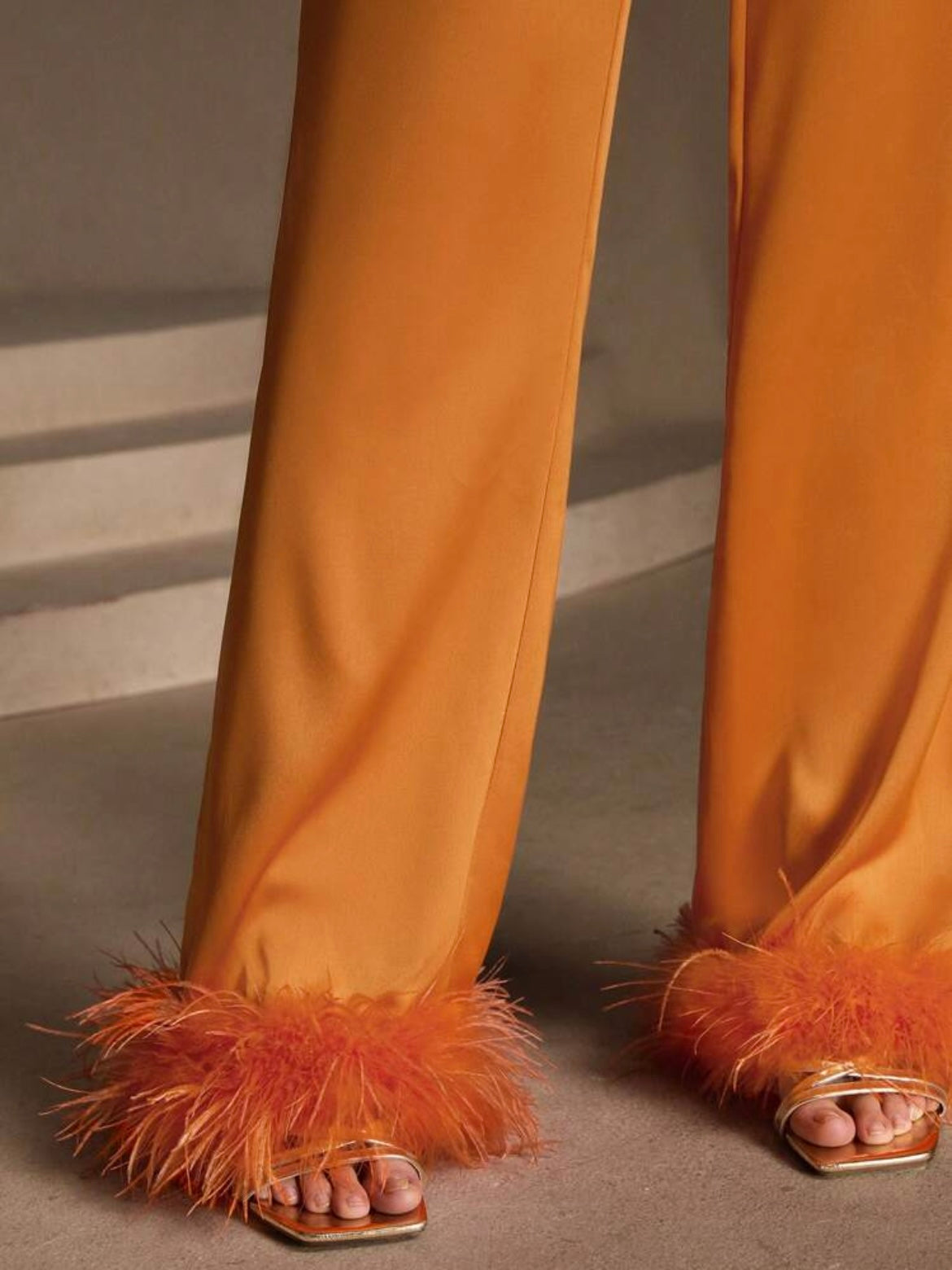 CM-BS786377 Women Elegant Seoul Style Contrast Feather Satin Wide-Leg Pants - Orange