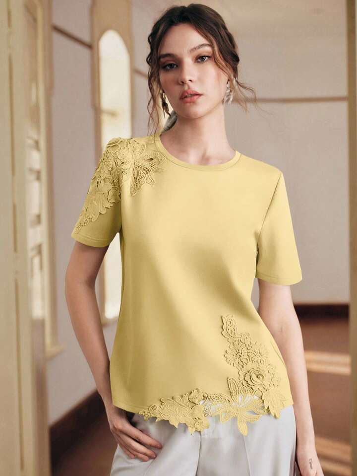 CM-TS332464 Women Elegant Seoul Style Round Neck Short Sleeve Lace Patchwork 3D Embroidered Floral Knit T-Shirt - Yellow