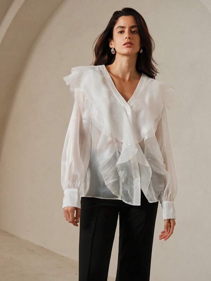 CM-TS150474 Women Elegant Seoul Style V-Neck Multi-Layered Bubble Sleeve Blouse - White