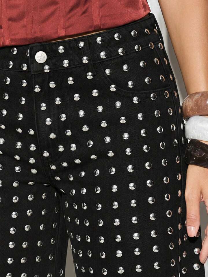 CM-BS956868 Women Casual Seoul Style High Waisted Metal Studs Wide Leg Palazzo Jeans - Black