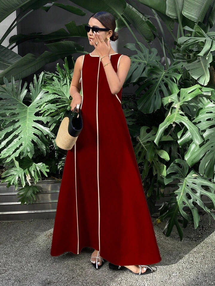 CM-DS320827 Women Casual Seoul Style Color-Conflicting Panels Sleeveless Loose Long Dress - Burgundy