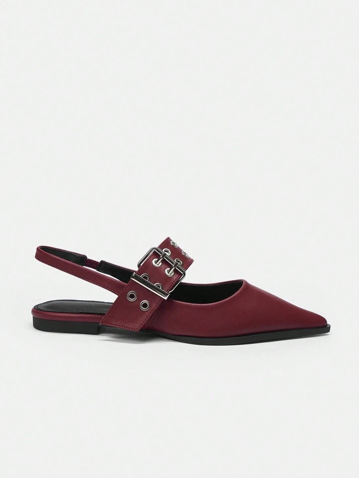 CM-SHS862685 Women Trendy Seoul Style PU Leather Pointed Toe Flat Shoes With Back Strap - Burgundy