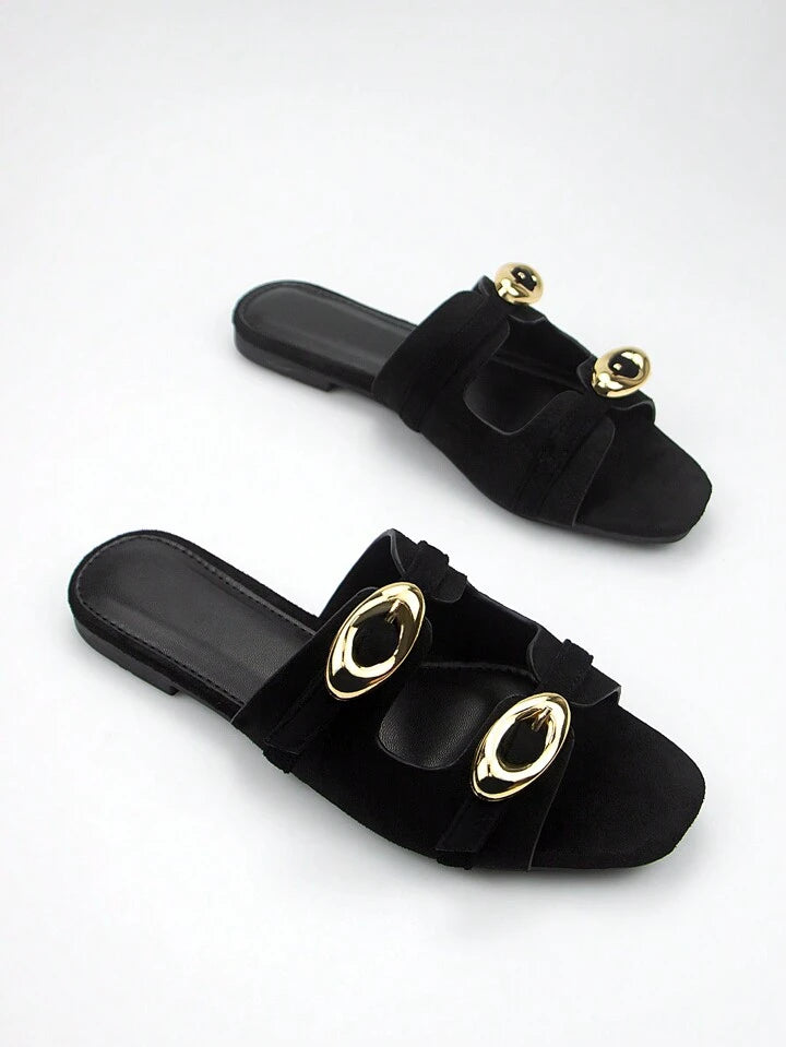 CM-SHS918088 Women Trendy Seoul Style Suede Square Toe Golden Buckle Decor Flat Mules With Adjustable Strap - Black