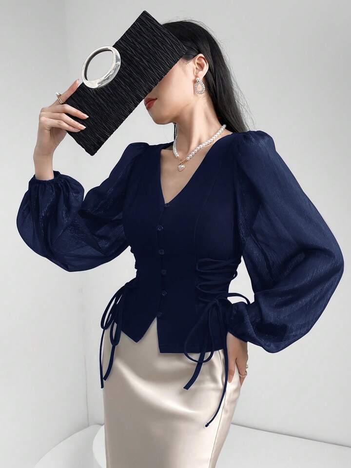 CM-TS858875 Women Elegant Seoul Style Sheer V-Neck Puff Lantern Sleeves Lace-Up Detail Blouse - Navy Blue