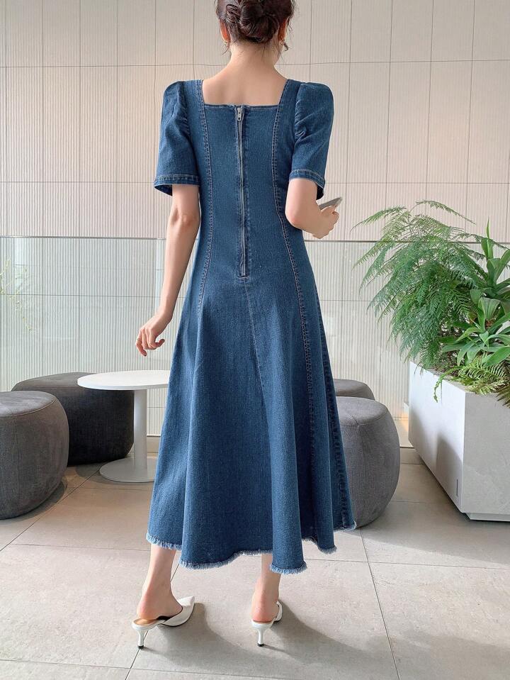 CM-DS600208 Women Casual Seoul Style Square Neckline Puff Sleeve Frayed Hem Denim Dress - Blue