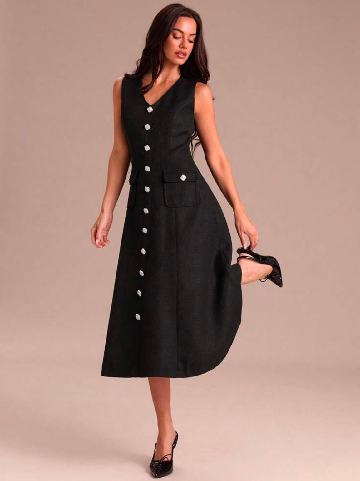 CM-DS919991 Women Elegant Seoul Style V-Neck Sleeveless Woven A-Line Flared Midi Dress With Pockets - Black