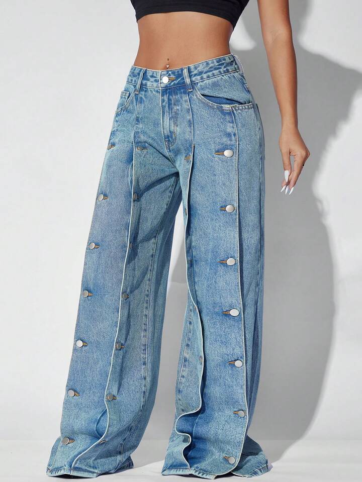 CM-BS439523 Women Casual Seoul Style Low Waist Loose Side Pocket Wide Leg Denim Jeans - Blue