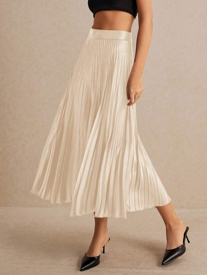 CM-BS060690 Women Elegant Seoul Style High Waist Solid Pleated Skirt - Apricot