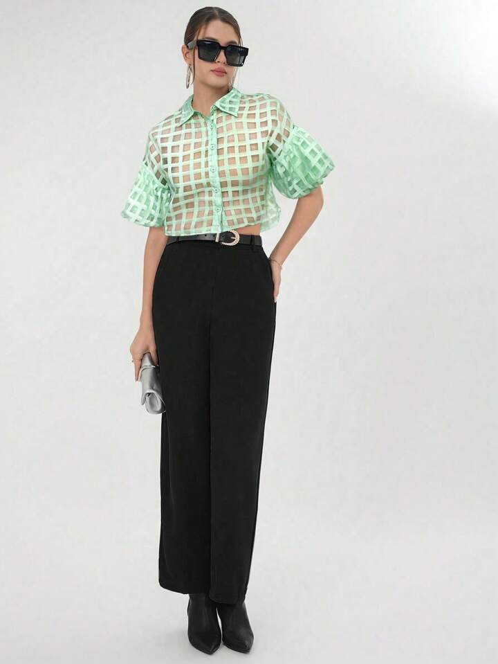 CM-TS600039 Women Casual Seoul Style Plaid Mesh Drop Shoulder Crop Shirt - Mint Green