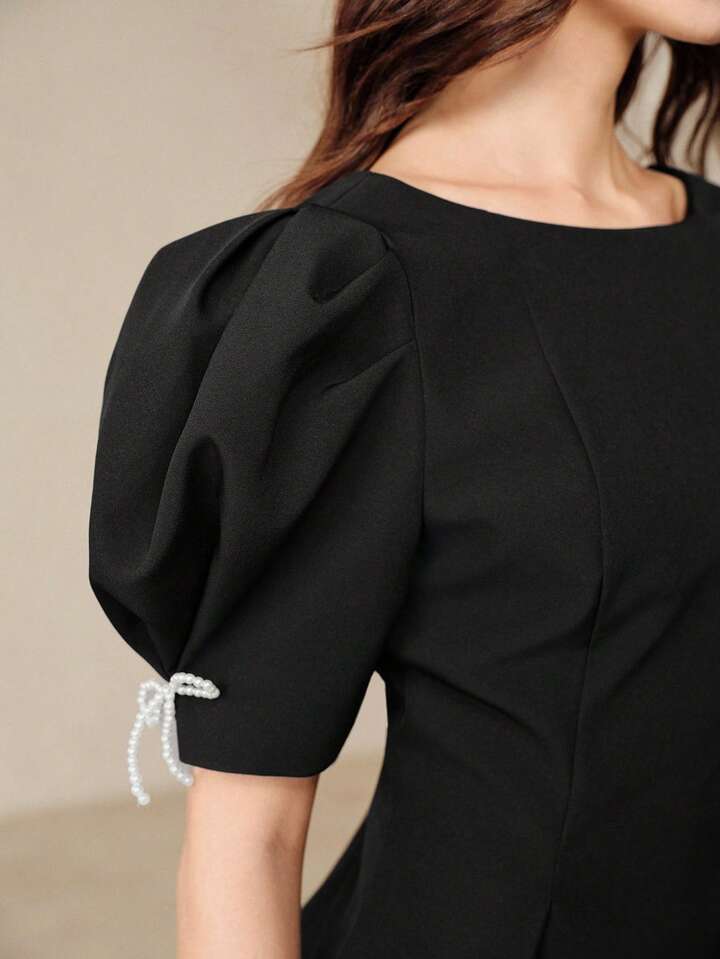 CM-TS263228 Women Elegant Seoul Style Round Neck Puff Sleeve Floral Cuff Pearl Beaded Bow Waist Cut-Out Pleated Top