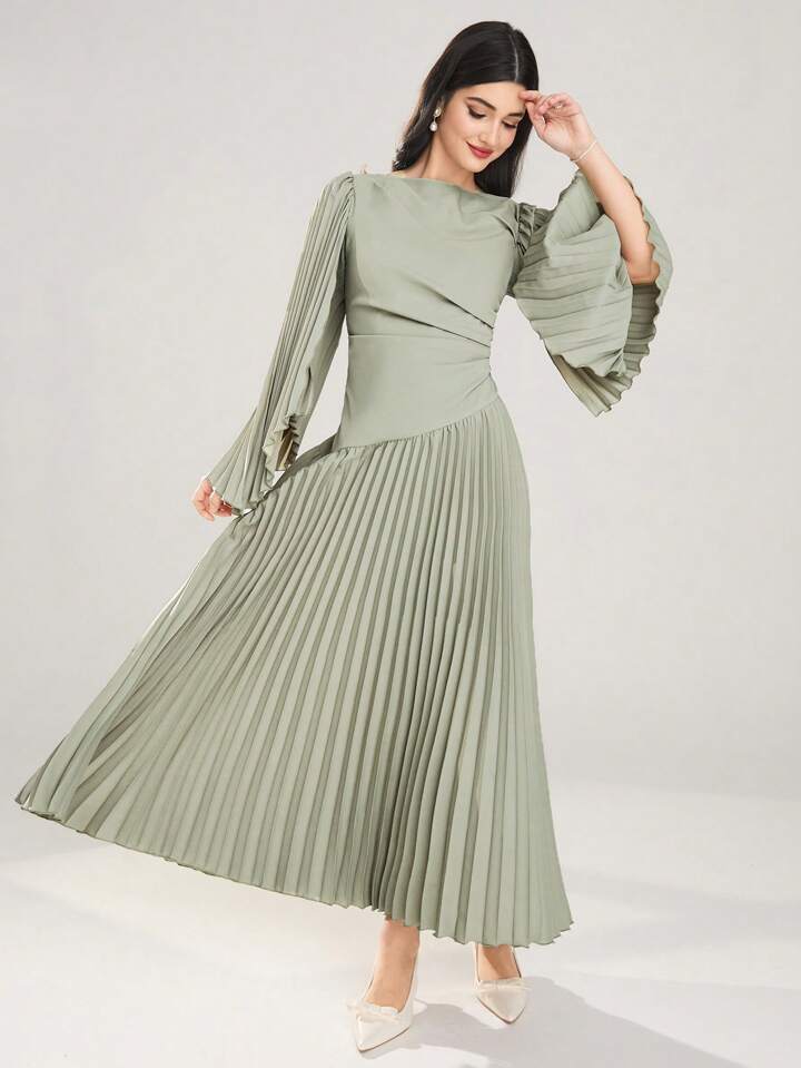 CM-DS972736 Women Elegant Seoul Style Round Neck Long Sleeve Asymmetrical Pleated Dress - Green