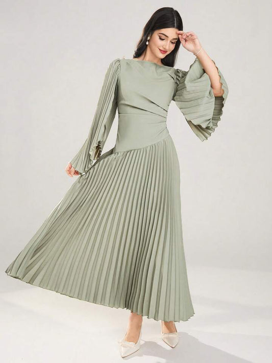 CM-DS972736 Women Elegant Seoul Style Round Neck Long Sleeve Asymmetrical Pleated Dress - Green