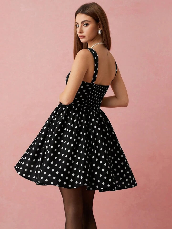 CM-DS780795 Women Elegant Seoul Style Polka Dot Print Waist Cinched Sleeveless Mini Dress - Black