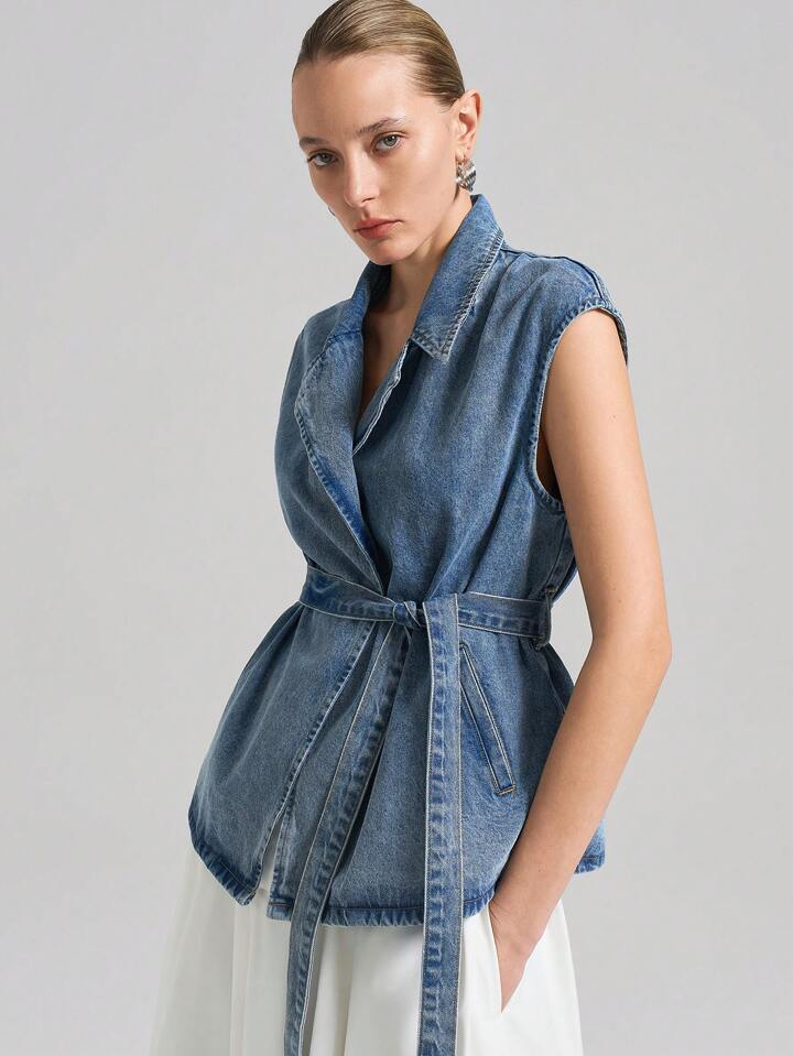 CM-TS292467 Women Casual Seoul Style Dark Wash Waterfall Neckline Sleeveless Denim Vest With Removable Belt
