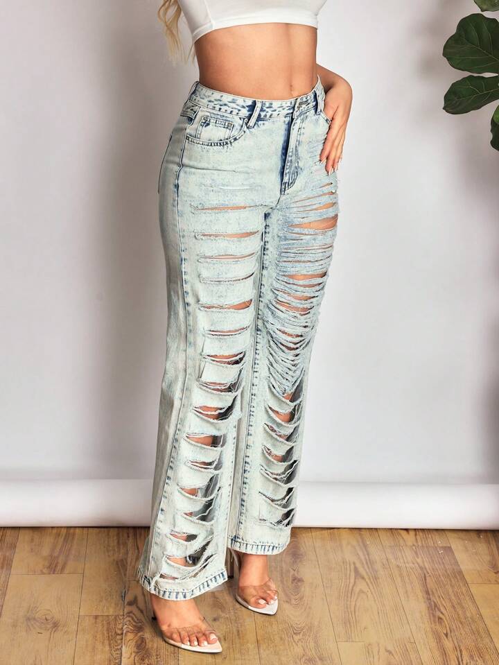 CM-BS445403 Women Casual Seoul Style Light Wash High Waist Distressed Straight Leg Jeans