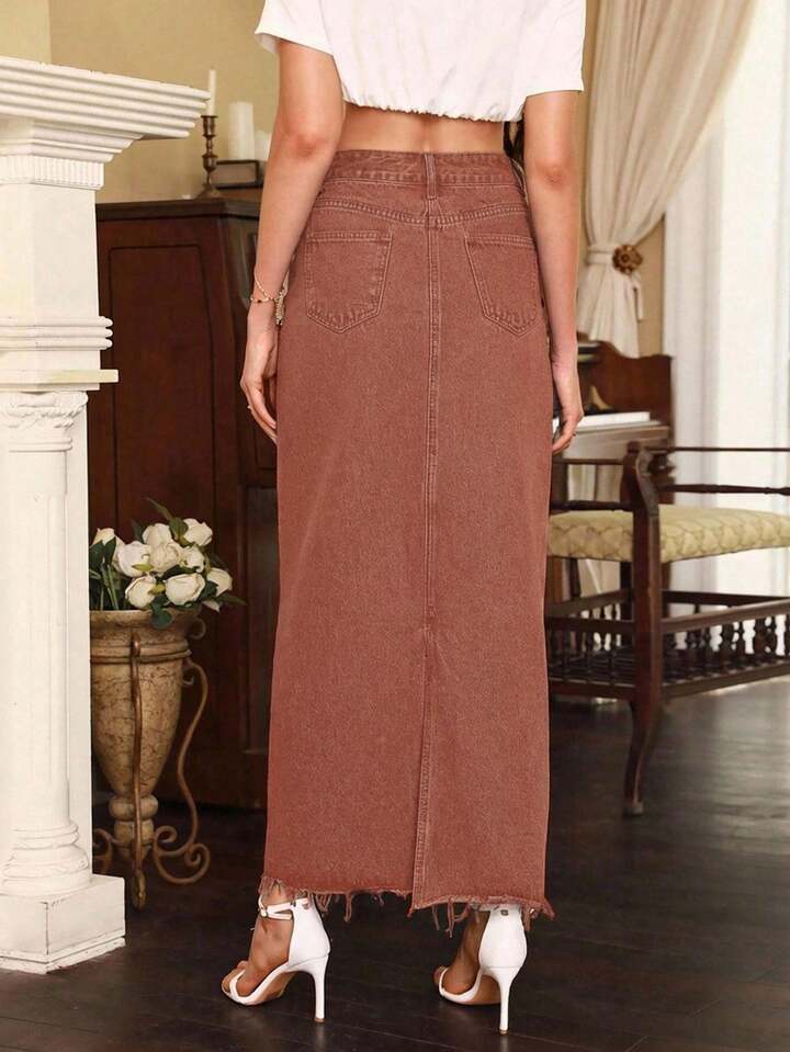 CM-BS539705 Women Elegant Seoul Style High Waisted Pocketed Frayed Hem Denim Skirt - Coffee Brown