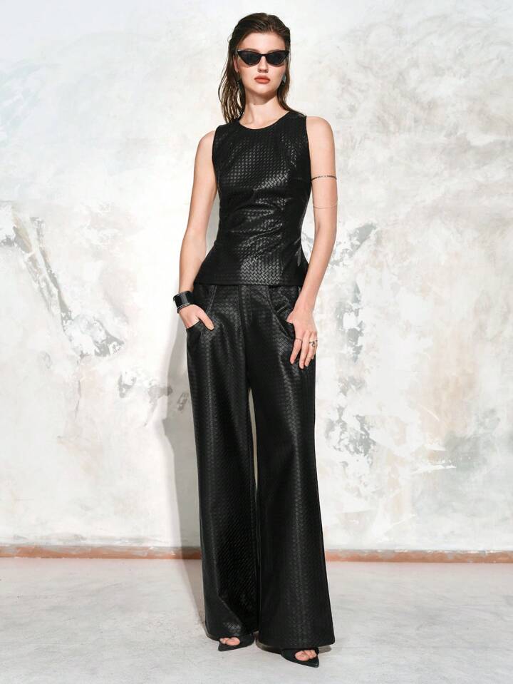 CM-BS364653 Women Elegant Seoul Style Elastic Waist Plaid Weave Versatile Faux Leather Pants - Black