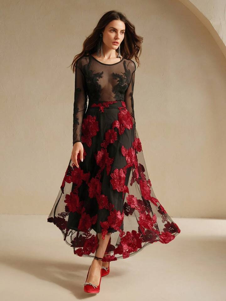 CM-BS333321 Women Elegant Seoul Style Floral Embroidery Mesh High Waist A-Line Skirt