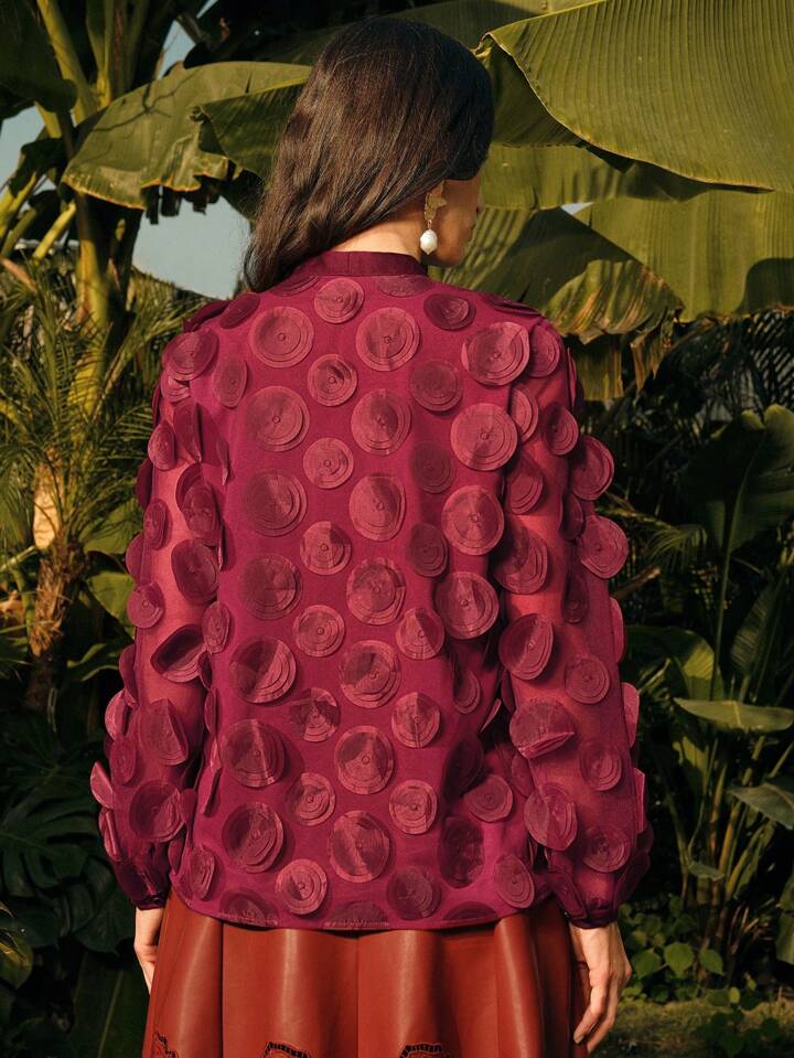 CM-TS210056 Women Elegant Seoul Style Bow 3D Circular Pleated Design Long Sleeve Blouse - Burgundy