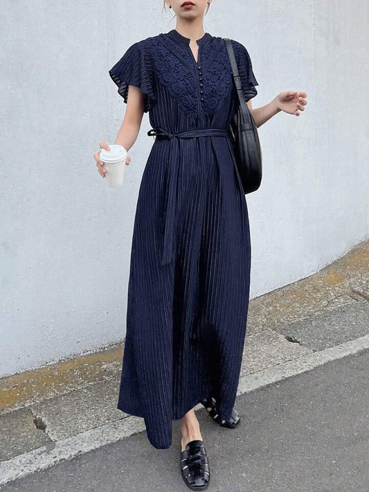 CM-DS034136 Women Elegant Seoul Style Notched Neckline Flounce Sleeve High Waist A-Line Dress - Navy Blue