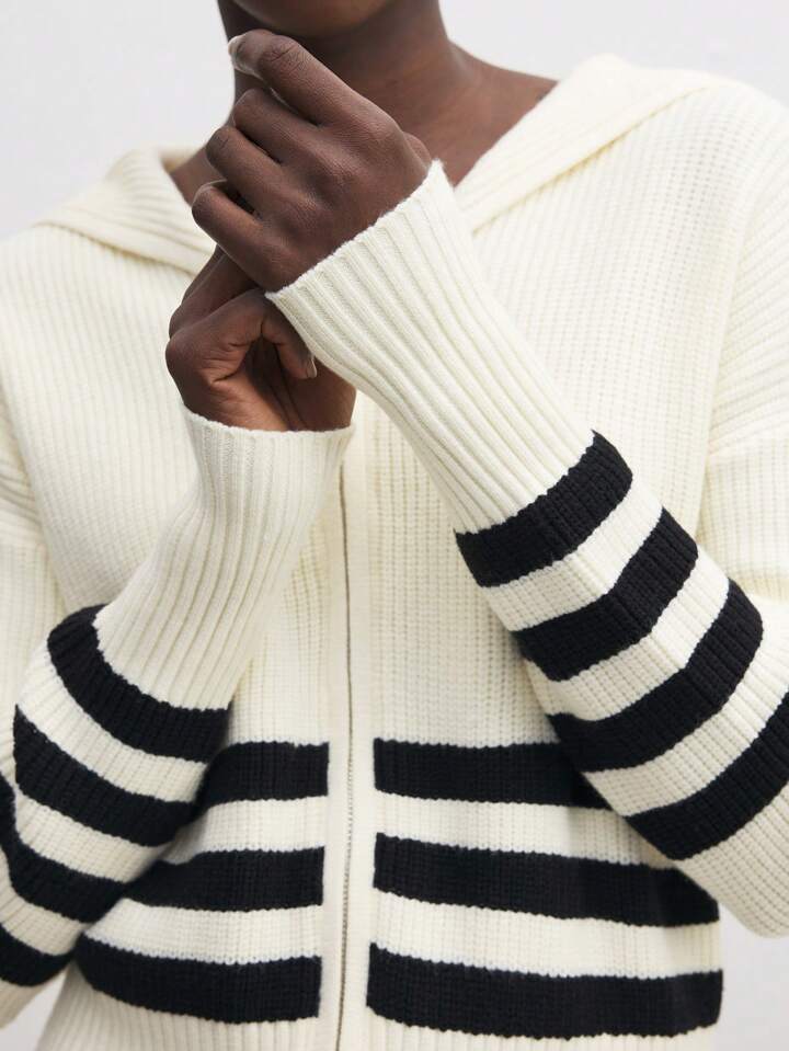 CM-CS055074 Women Casual Seoul Style Sailor Collar Long Sleeve Striped Knit Sweater