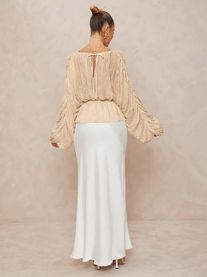 CM-TS261324 Women Elegant Seoul Style Deep V-Neck Long Sleeve Loose Fit Ruffled Hem  Oversized Blouse - Khaki