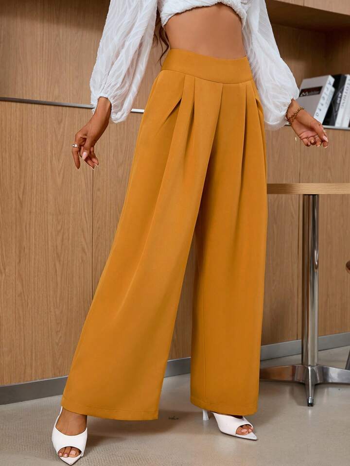 CM-BS641921 Women Casual Seoul Style Solid Color Pleated Straight Leg Pants - Yellow