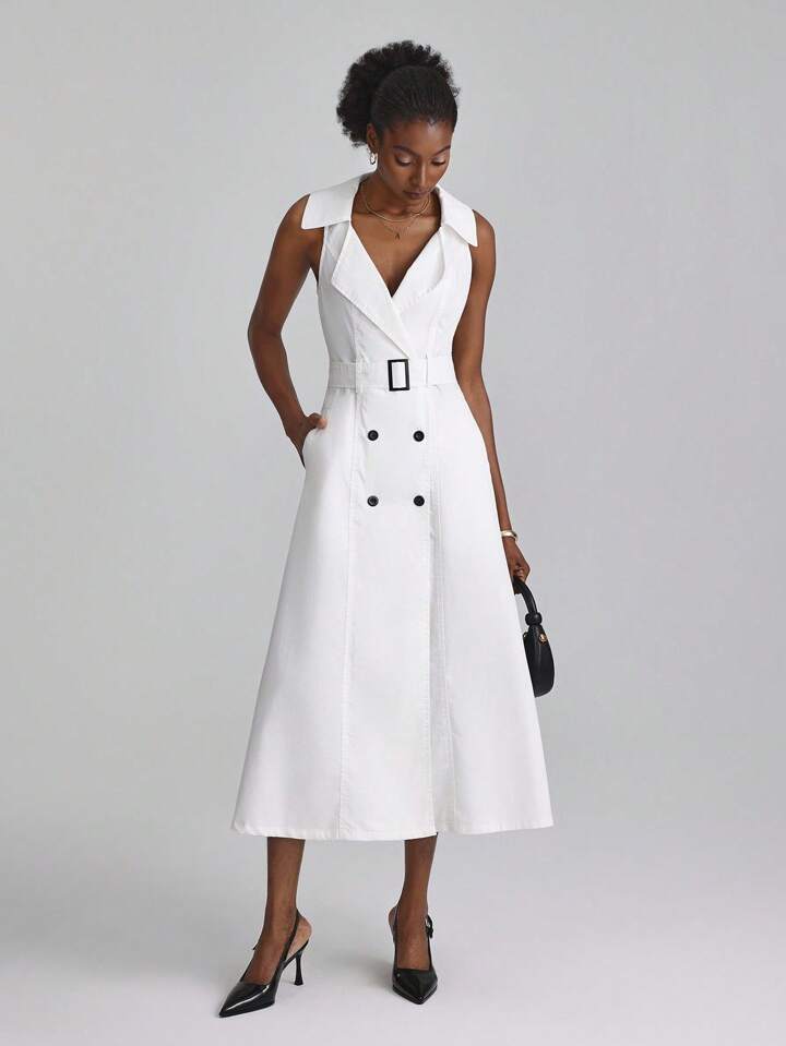 CM-DS483954 Women Elegant Seoul Style Lapel Neckline Double-Breasted Sleeveless Denim Dress