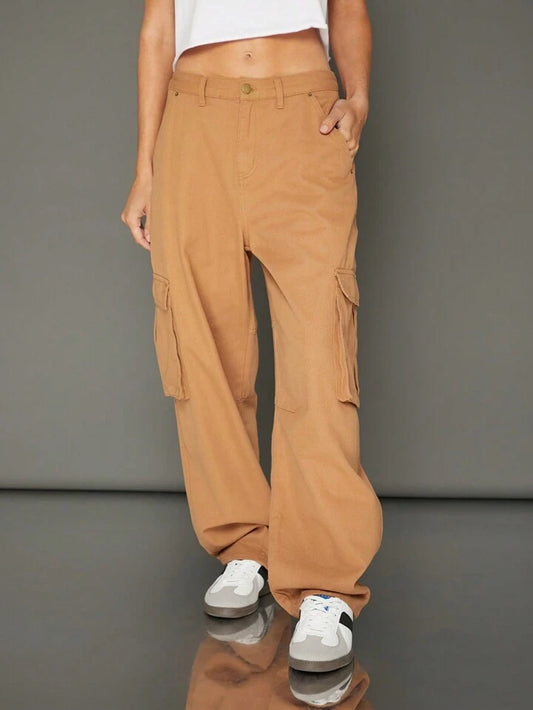 CM-BS513933 Women Casual Seoul Style Premium Denim Cargo Barrel Leg Jeans - Camel