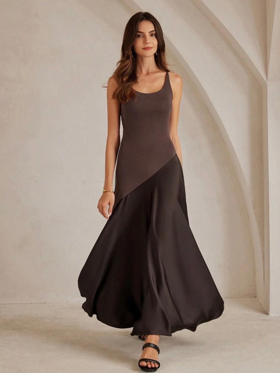 CM-DS099996 Women Elegant Seoul Style Solid Color Minimalist Spaghetti Strap Maxi A-Line Dress - Coffee