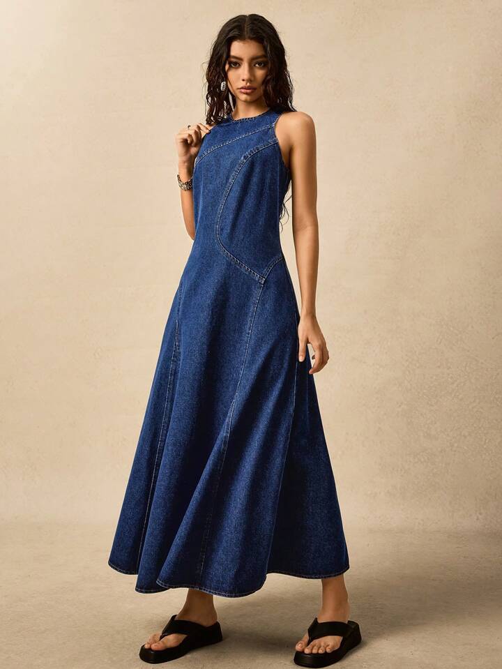 CM-DS674256 Women Casual Seoul Style Round Neck Sleeveless Mid Waist Split Loose Denim Dress - Blue