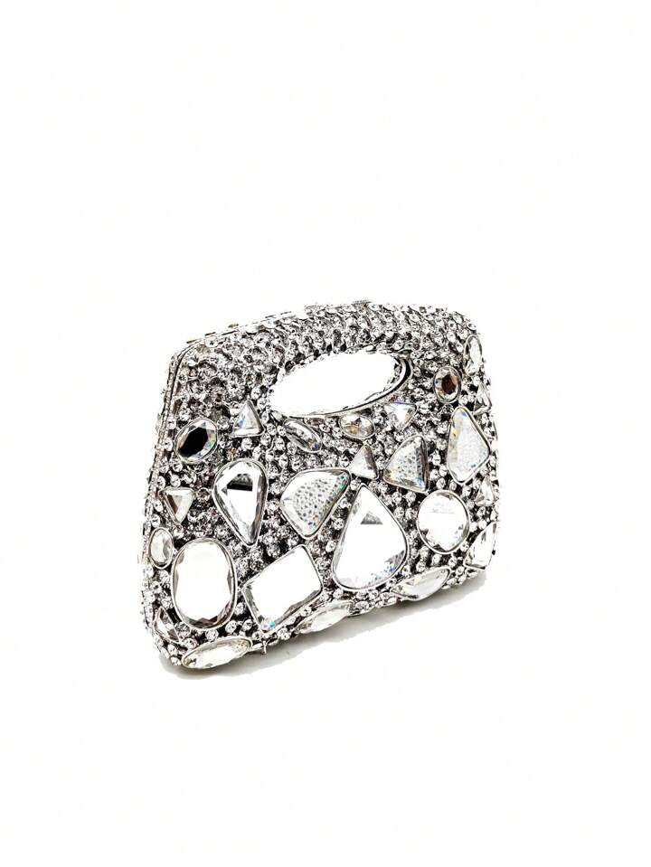 CM-BGS369899 Women Elegant Seoul Style Handmade Glass Rhinestone Clutch Bag - Silver