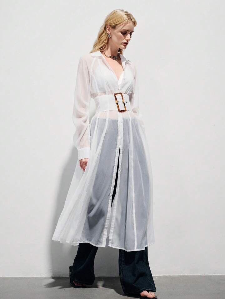 CM-DS108757 Women Elegant Seoul Style Collar Chiffon Sleeve Wide Waistband Buckle Flowing Sheer Shirt Dress