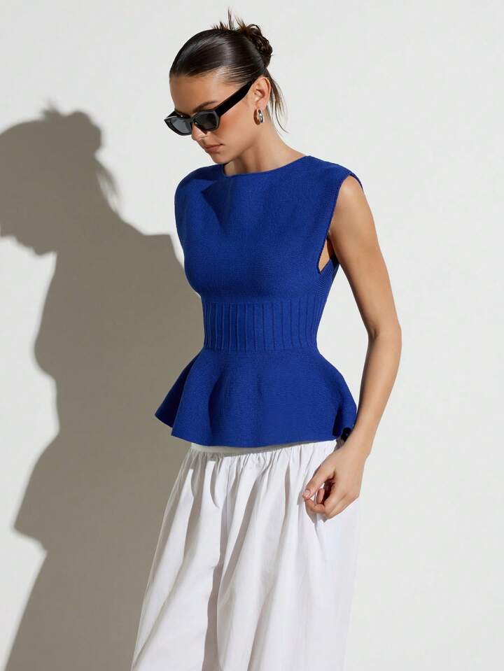 CM-TS228150 Women Casual Seoul Style Boat Neckline Ribbed Knit Cap Sleeve Peplum Top - Blue