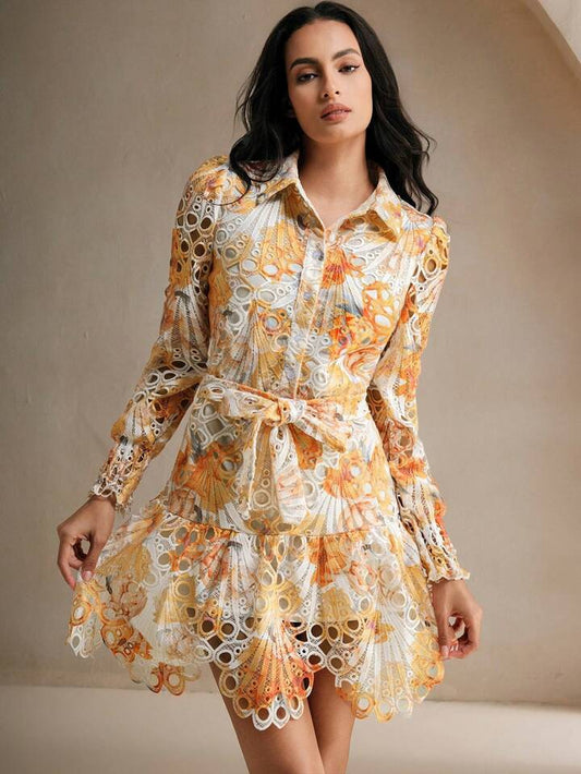 CM-DS592268 Women Trendy Bohemian Style Collared Long Sleeve Tie-Up Floral Hollow-Out Two-Layer Dress