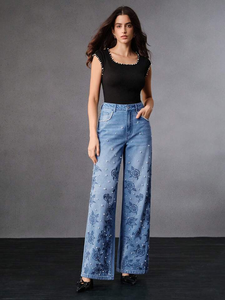 CM-BS039013 Women Elegant Seoul Style Mid Waist Embroidered Straight Leg Jeans - Blue