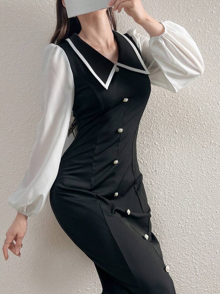 CM-DS666143 Women Elegant Seoul Style Lapel Collar Colorblock Cinched Waist Pencil Dress