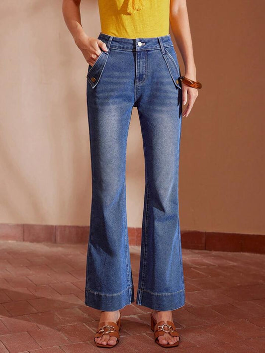 CM-BS863491 Women Casual Seoul Style Foldover Slant Pocket Flafre Leg Jeans - Blue