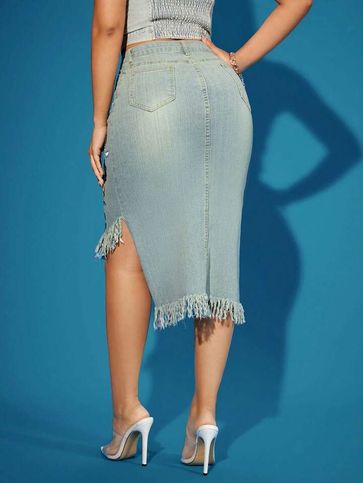 CM-BS338193 Women Casual Seoul Style Light Wash Embroidery And Washed Design Midi Denim Skirt