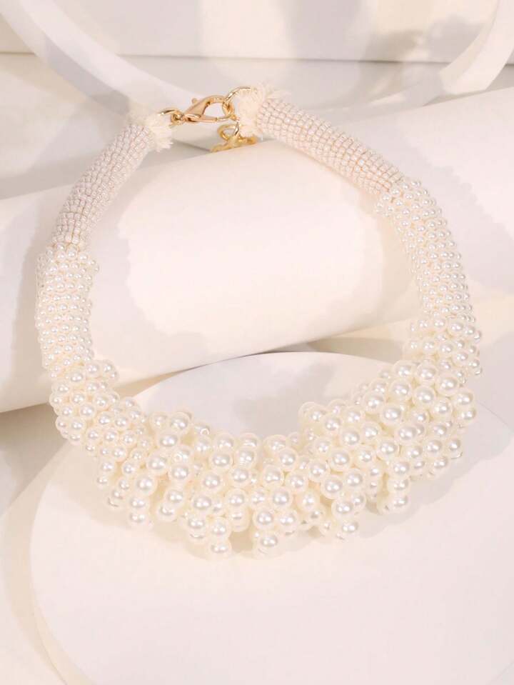 CM-AXS839418 Women Trendy Seoul Style Exaggerated Beaded Pearl Choker Necklace - White