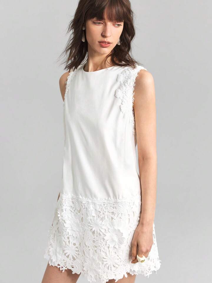 CM-DS603272 Women Elegant Seoul Style Solid Color Lace Patchwork Round Neck Sleeveless Mini Dress