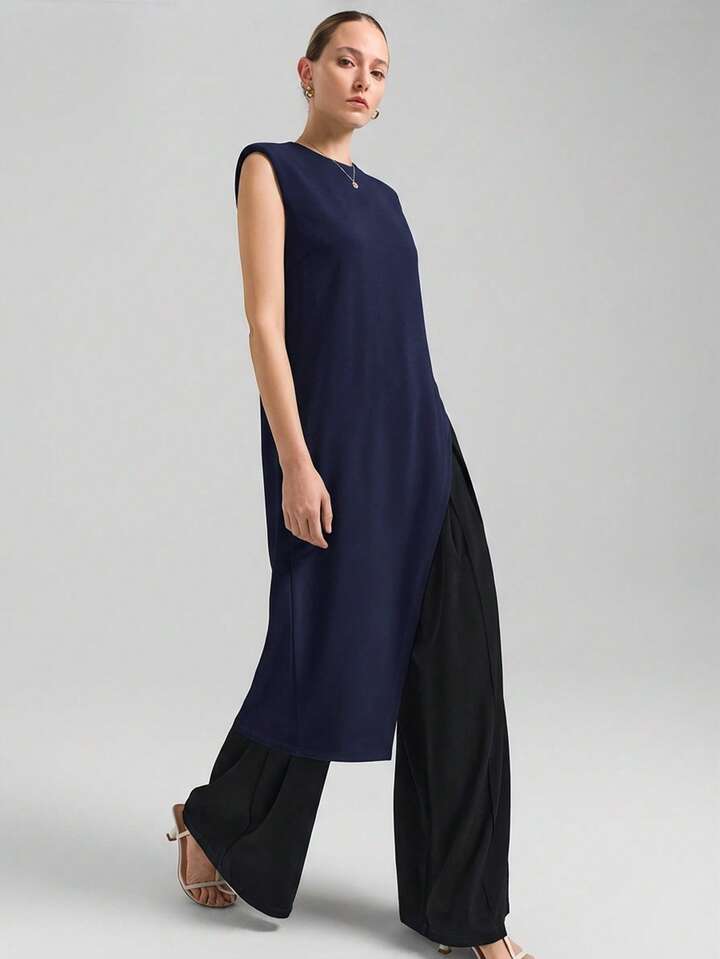 CM-TS650348 Women Casual Seoul Style Round Neck Wide Shoulder Sleeveless Asymmetric Hem Mid-Length Top - Navy Blue