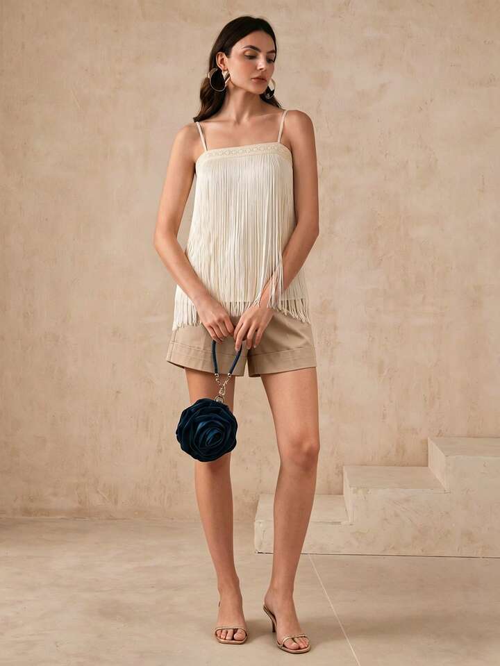 CM-TS027944 Women Elegant Seoul Style Tassel Contrast Lace Off-Shoulder Sleeveless Trim Tank Top - Apricot
