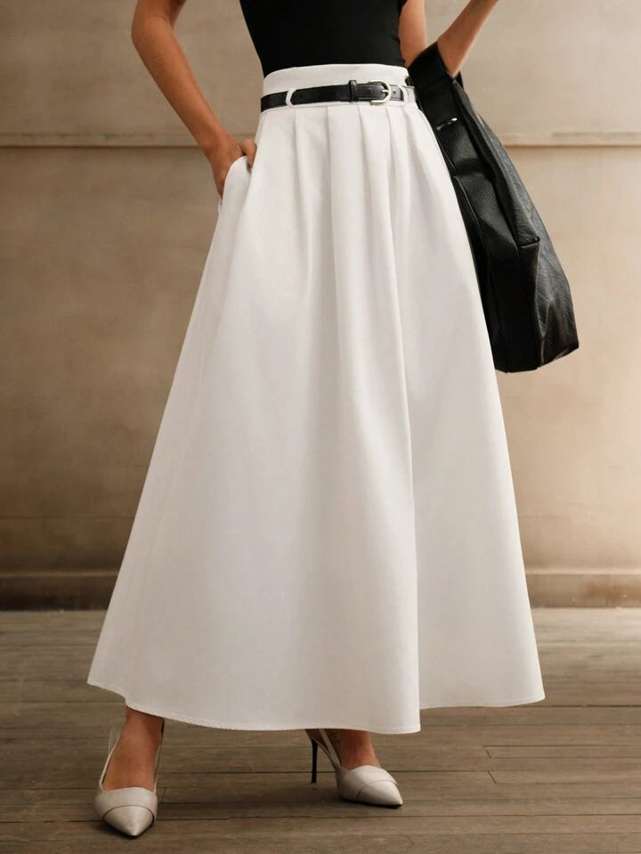 CM-BS004421 Women Elegant Seoul Style High Waist Pleated A-Line Skirt With Belt - White