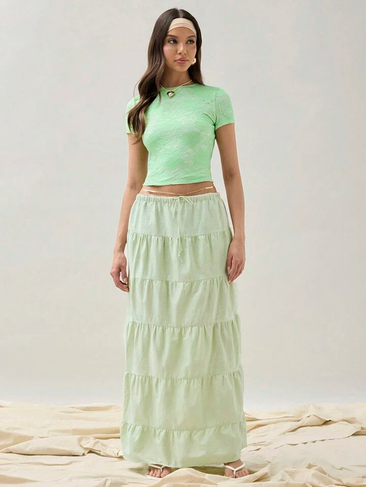 CM-BS019082 Women Trendy Bohemian Style Ultra Low Waist Pleated Maxi Skirt - Mint Green