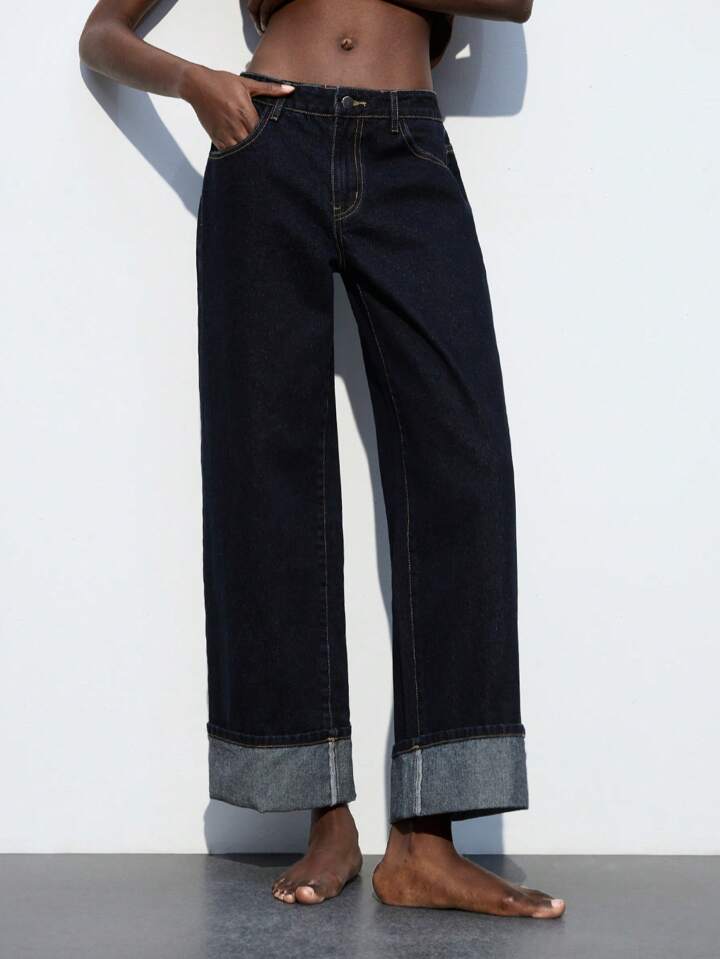 CM-BS881616 Women Casual Seoul Style Dark Wash Straight Leg 7/8 High Waist Loose Fit Denim Pants