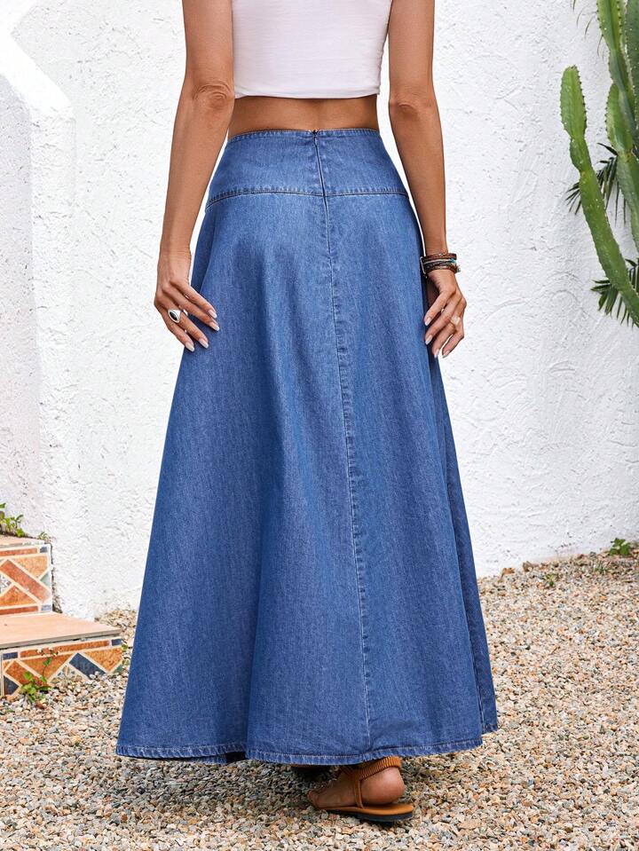 CM-BS618740 Women Trendy Bohemian Style Medium Wash High Waist Knot Maxi Denim Skirt